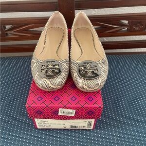 Tory Burch Cream and Black Loafers with Elegant Medallion